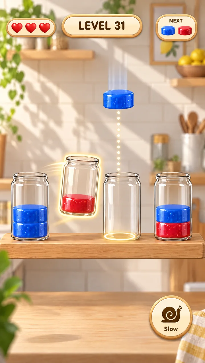 Level 31, a drop level: a blue jam layer falls toward an empty jar while the player drags a jar into place.