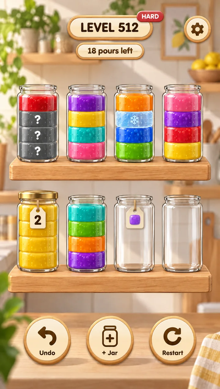 Level 512, a Hard level: hidden question-mark layers, an ice layer, a numbered lid and a label jar, with 18 pours left.