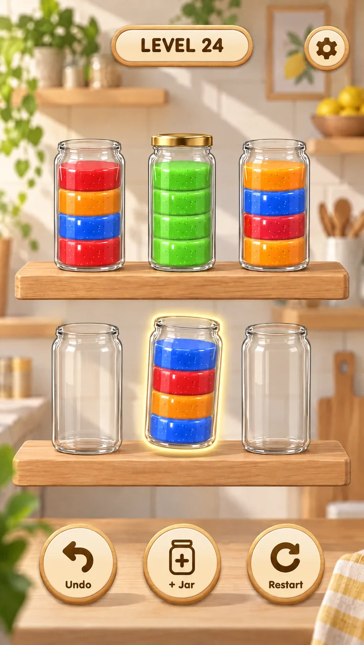 Level 24: six jars on two shelves, a full green jar sealed with a golden lid, and a lifted jar glowing gold.